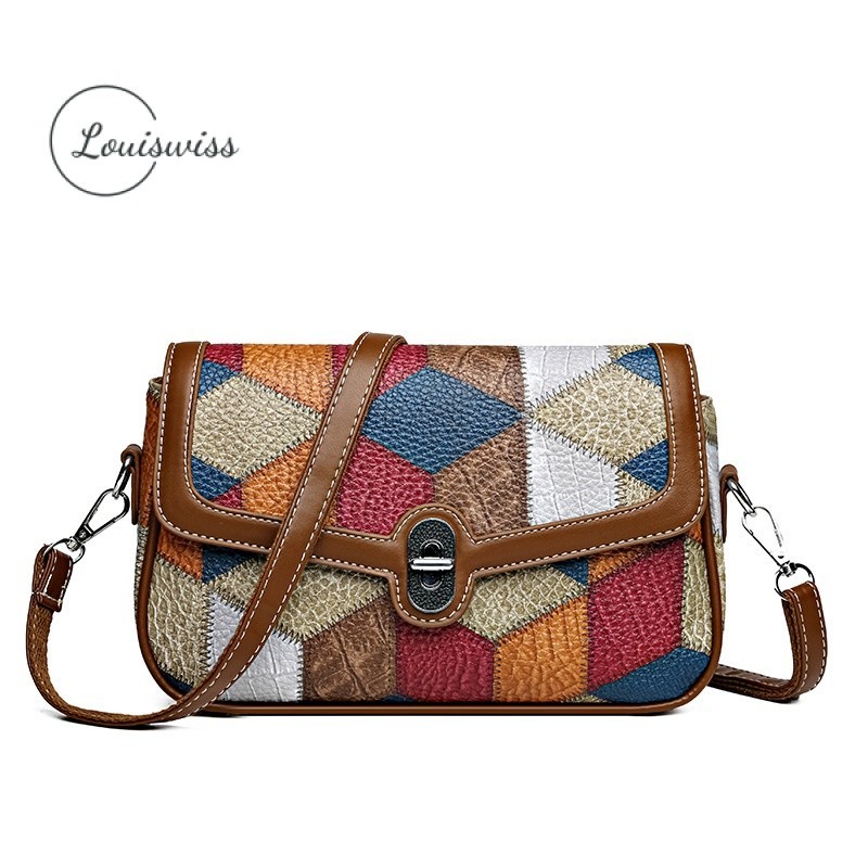 Louiswiss Fishion กระเป๋าสตรีกระเป๋าสะพาย Cross-body Messenger สไตล์โบฮีเมียน Contrast Design ความจุขนาดใหญ่ Retro การพิมพ์สายรัดไหล่ปรับได้ซิปกระเป๋าด้านใน