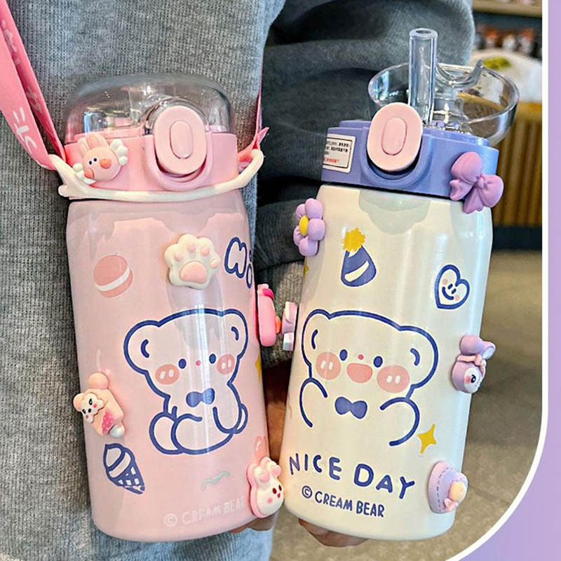 พร้อมส่งในไทย แก้วสแตนเลสแบบมีหลอด กระติกน้ำเด็ก ขวดน้ำเด็กไปโรงเรียน