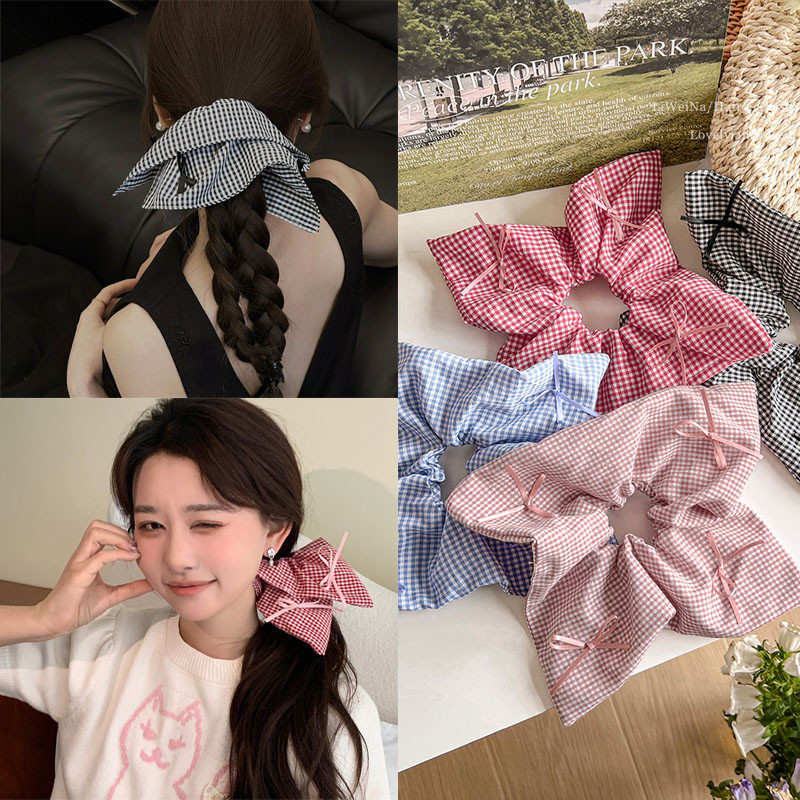 4 สีลายสก๊อตพิมพ์สแควร์ผูกผมเชือกผม Scrunchies ยางผมหางม้าอุปกรณ์เสริมผม