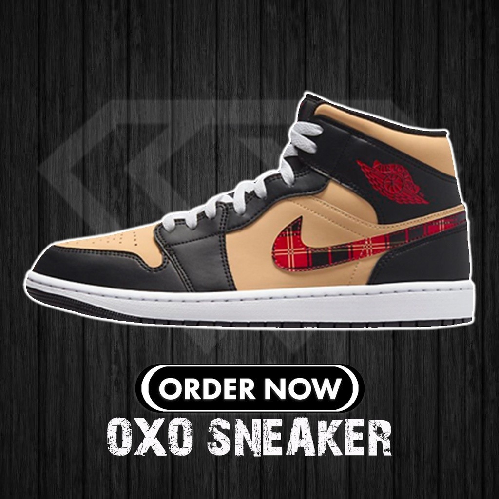 纯原 Air A/J 1 mid se tartan swoosh A/J 1 DZ5329-001 รองเท้ากีฬา