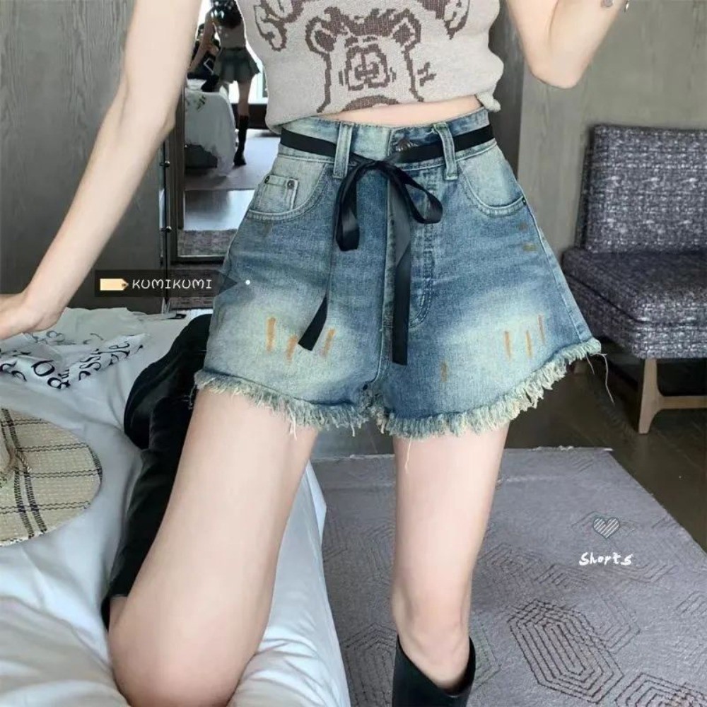 American Retro พู่ Frayed Denim กางเกงขาสั้นผู้หญิงฤดูร้อน 2024 สไตล์ใหม่ Simple All-Match เอวสูง Slimmer ดู A-Line กว้างขากางเกงร้อน