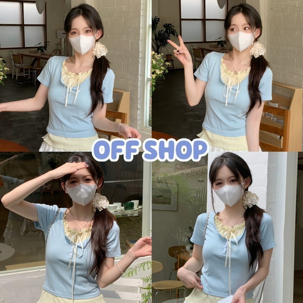 OFF SHOP พร้อมส่ง (OFF-E332) เสื้อยืดไหมพรม คอกลม แขนสั้น สีพาสเทล ดีเทลแต่งสองชั้น ใส่สบาย