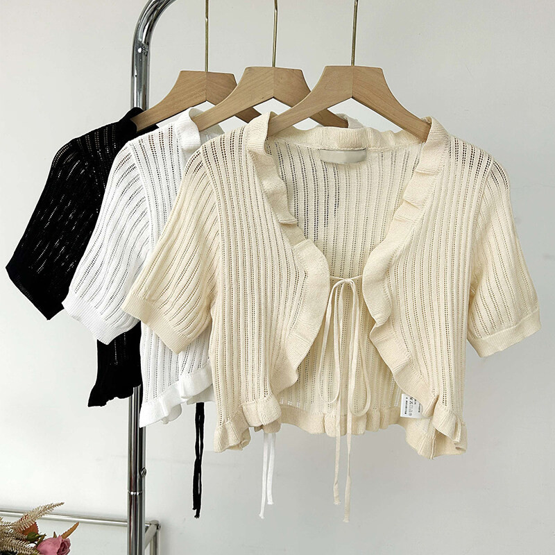 Gakki เสื้อคาร์ดิแกนคลุมไหล่กันแสงกันแดดแขนสั้นผู้หญิงผ้าตัวสั้นขนาดเล็ก ผ้านิ่มใส่สบาย ฟรีไซส์ พร้อมส่ง 2101#