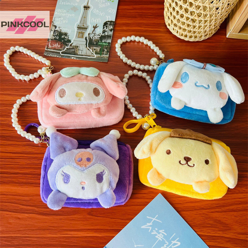 Pinkcool Sanrio Plush กระเป๋า Cinnamoroll MyMelody Kuromi Plushies Kawaii Plush Pearl Lanyard จี้ผู้ถือบัตรของเล่นร้อน