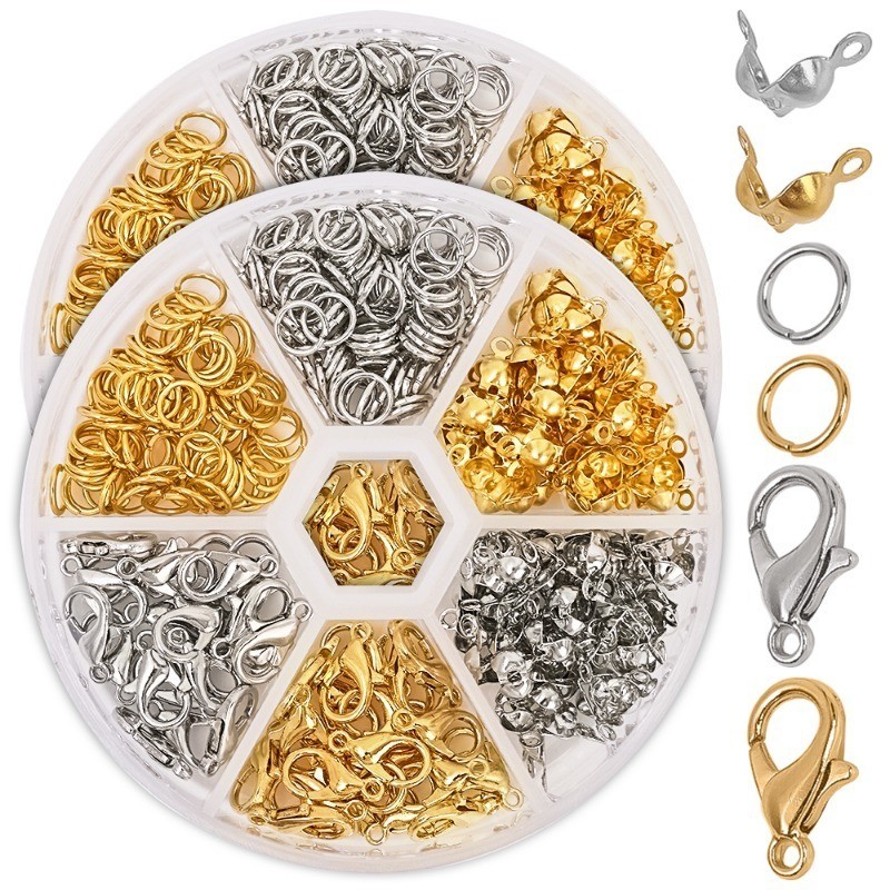 อุปกรณ์ DIY สําหรับสร้อยคอสร้อยข้อมือต่างหู Jewellery ทําชุดเปิดแหวนกระโดด & เคล็ดลับลูกปัด Knot Caps สแตนเลสสีขาวทองกุ้งก้ามกราม Clasps Connector ชุด
