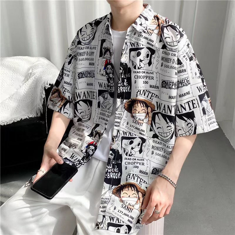 Pirate King Lufei หล่อเยาวชนสั้นชายหนุ่มและหญิงลมหลวมและหล่อชาติพันธุ์ Customs เสื้อแขนสั้นแฟชั่นเยาวชนชีฟอง Polo Collar ดอกไม้ครึ่งแขนเสื้อ