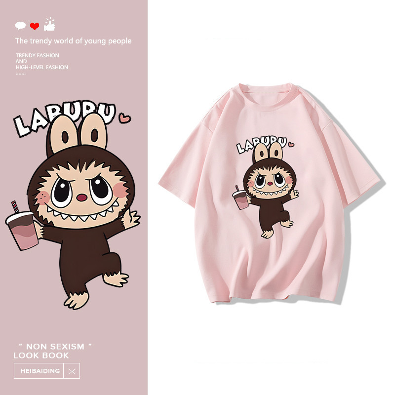 พร้อมส่ง&COD RINA STUDIO เสื้อยืด popmart，การ์ตูนน่ารัก Labubu พิมพ์เสื้อยืดแขนสั้นหลวม