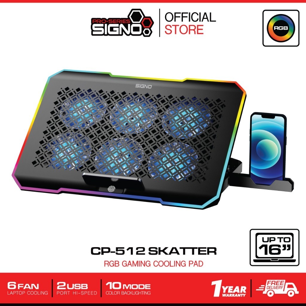 ส่งด่วน SIGNO RGB Gaming Cooling Pad SKATTER รุ่น CP-512 (พัดลมระบายความร้อนโน๊ตบุ๊ค)