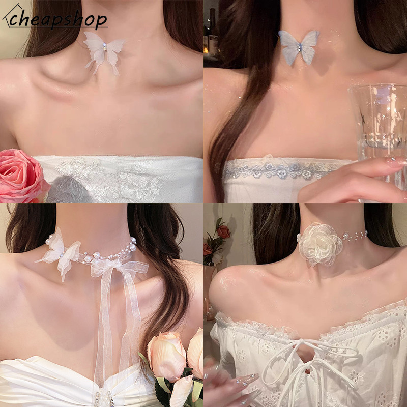 Ifyou Elegant ดอกไม้สร้อยคอผีเสื้อลูกไม้ Pearl Clavicle Tassels Choker สําหรับผู้หญิงเครื่องประดับอุปกรณ์เสริม