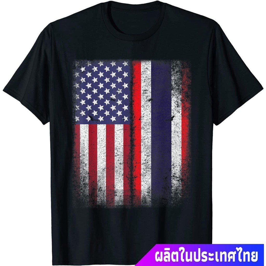เสื้อยืดสีพื้น Thai American Flag T-shirt Thailand Usa Gift America Pride discount  Thailand flag