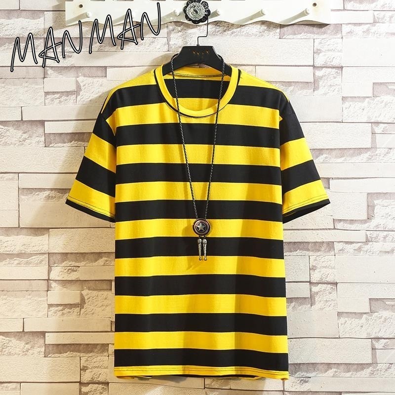 MANMAN เสื้อเชิ้ตแขนสั้นลายทางหนา ใส่ได้ทั้งชายและหญิง เสื้อยืดคอกลมลายทาง