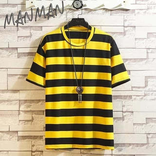 MANMAN เสื้อเชิ้ตแขนสั้นลายทางหนา ใส่ได้ทั้งชายและหญิง เสื้อยืดคอกลมลายทาง
