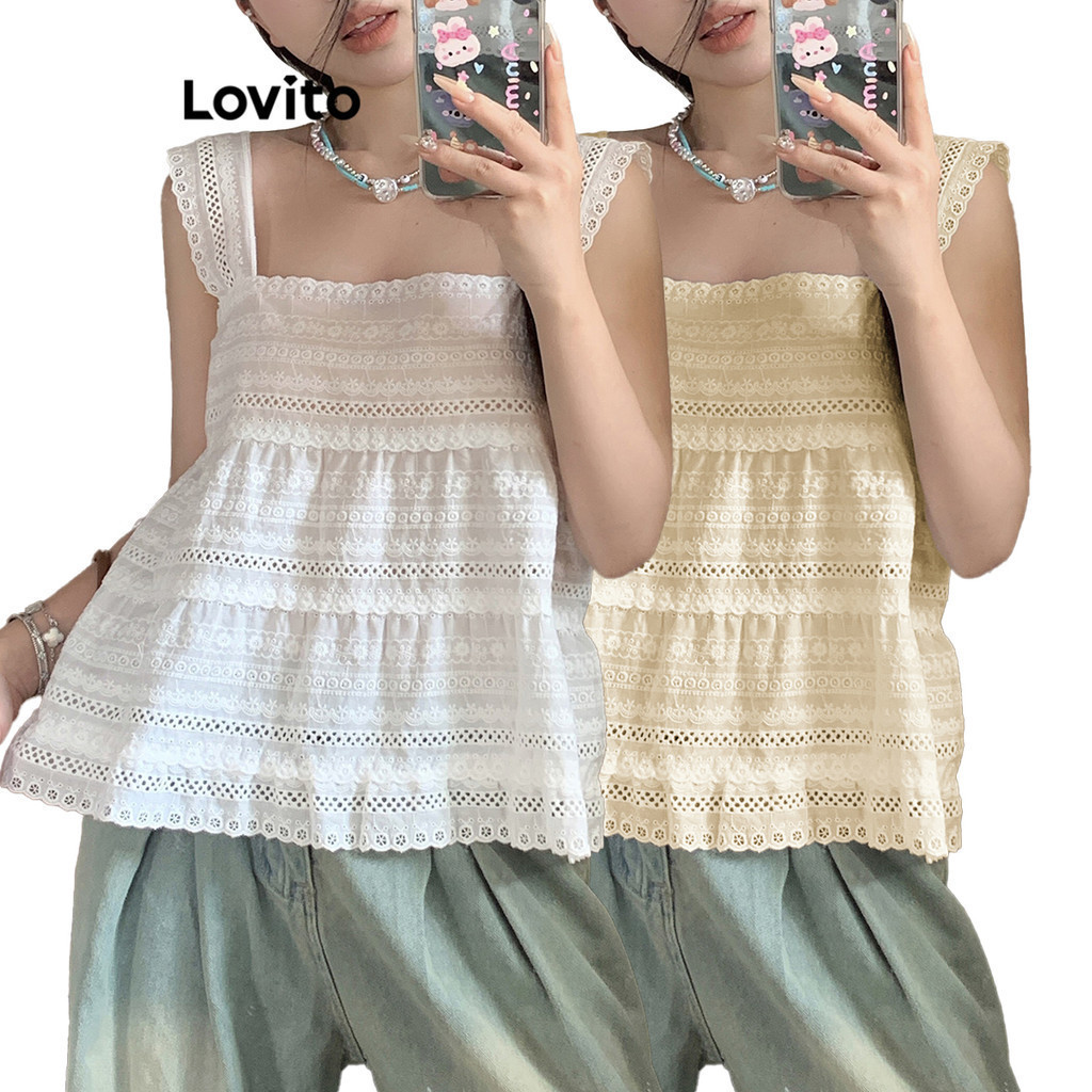 Lovito เสื้อแขนกุด สายคล้องไหล่ แบบกว้าง เย็บปักลายตาไก่ สีพื้น สไตล์ลำลอง สำหรับผู้หญิง LNE13014 (หลากสี)