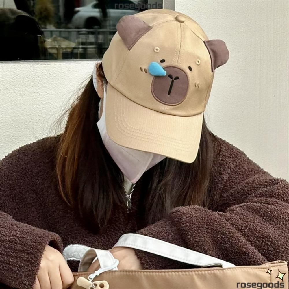 หมวกเบสบอลคู่รัก ROSE, Capybara Runny Nose Letter เย็บปักถักร้อยหมวกตกปลา, 2024 อินเทรนด์ Breathable Anti-Sun Dad หมวก