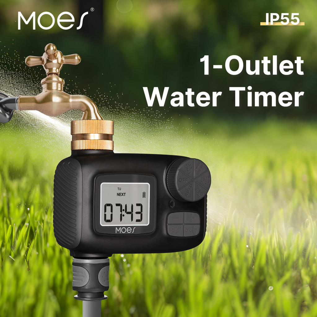 Moes Water Timer 1-Outlet IP55 กันน้ําทองเหลือง Inlet Rotary Knob ปุ่มควบคุมจอแสดงผล LCD Rain Delay ล็อคเด็ก