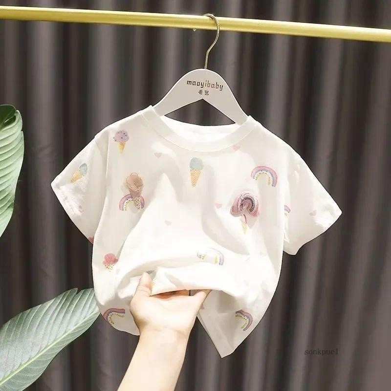 สาวฤดูร้อนเสื้อยืดเด็กใหม่เด็กทารกน่ารักลูกไม้แขนสั้นด้านบนสาวน้อยผ้าฝ้าย จุดต่ําสุด เสื้อ
