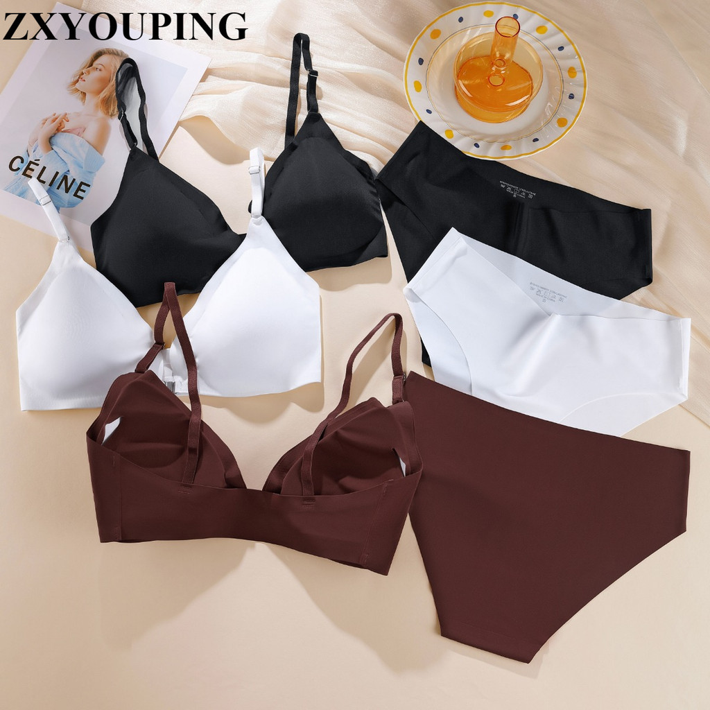 Zxyouping ผ้าไหมน้ําแข็งชุดชั้นในไร้รอยต่อและกางเกงชั้นในของผู้หญิงชุดชั้นในชุดสีทึบไร้สายด้านหน้าหัวเข็มขัด ดัน ขึ้น ชุดชั้นใน สบายเอวต่ํา