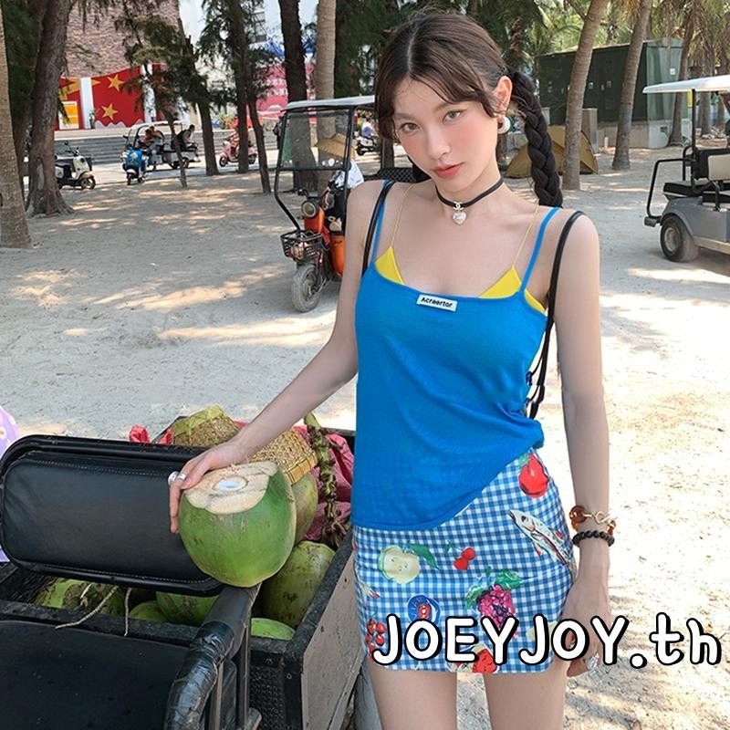 Joeyjoy-กระโปรงผู้หญิง A-Line กระโปรงสั้นเอวสูงลายสก๊อต/ลายดอกไม้ Y2K