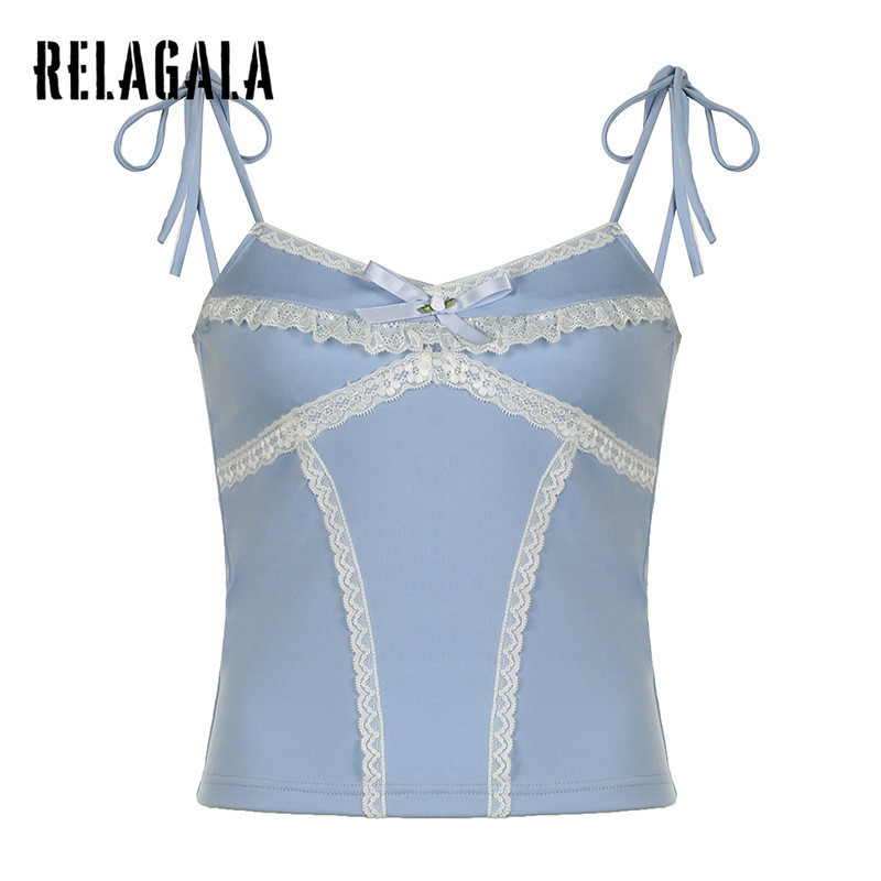 Relagala ผู้หญิง 2024 ใหม่แฟชั่นลูกไม้ Bow Splicing V คอเซ็กซี่ Suspender Slim Crop Top