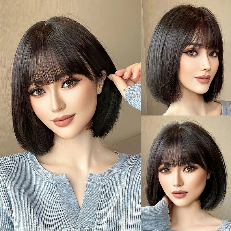บ๊อบสั้นวิกผมสังเคราะห์ตรงกับเรียบสีน้ําตาลวิกผมสําหรับผู้หญิงคอสเพลย์พรรควิกผมทนความร้อน