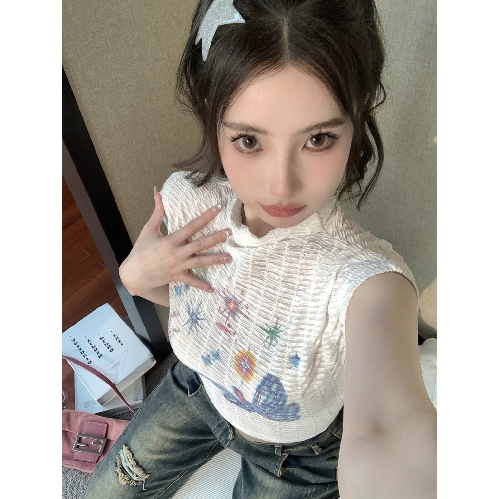 ผ้าต้นฉบับฤดูร้อน Dopamine Girls ใส่สีชมพูแขนกุดหญิงสาวร้อนสั้นหวาน Cool Niche Tops Mink Huan CG6U