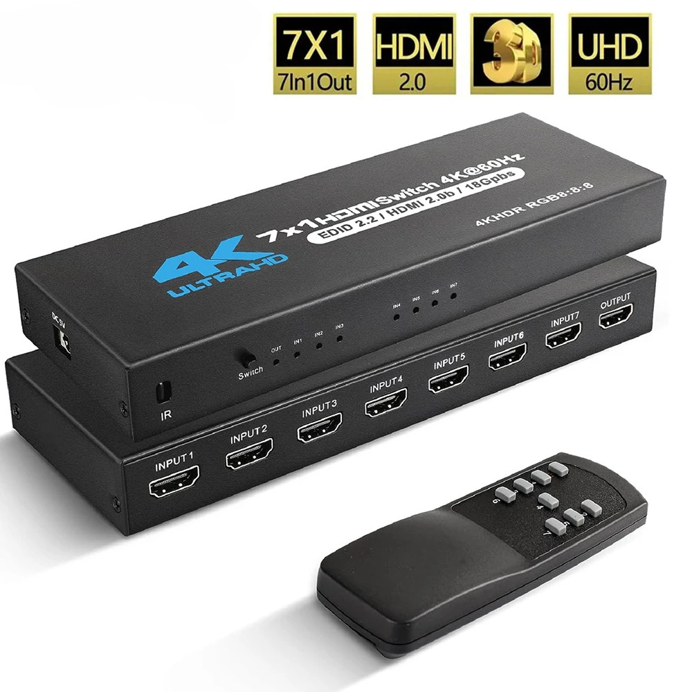 7 พอร์ต HDMI Switch 2.0 4K @ 60Hz 7x1 HDMI 2.0 Switcher พร้อม IR Remote Audio Video Converter 7 in 1