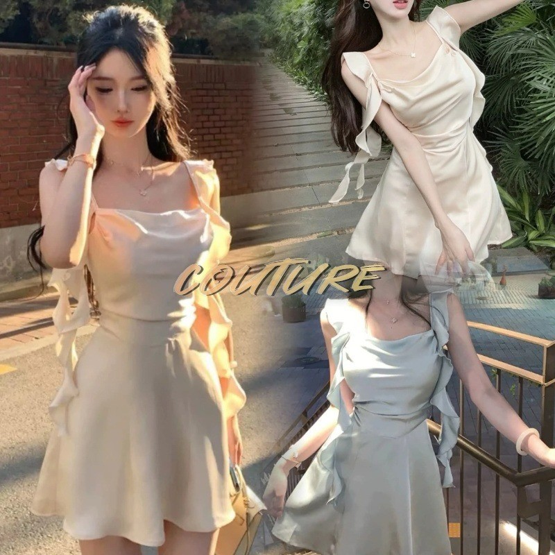 Couture(ส่งจากกรุงเทพฯ)ชุดเดรสผ้าซาตินผ้าซาติน ชุดเดรสกระโปรงสั้น ผ้าซาติน สไตล์เกาหลี สําหรับสตรี