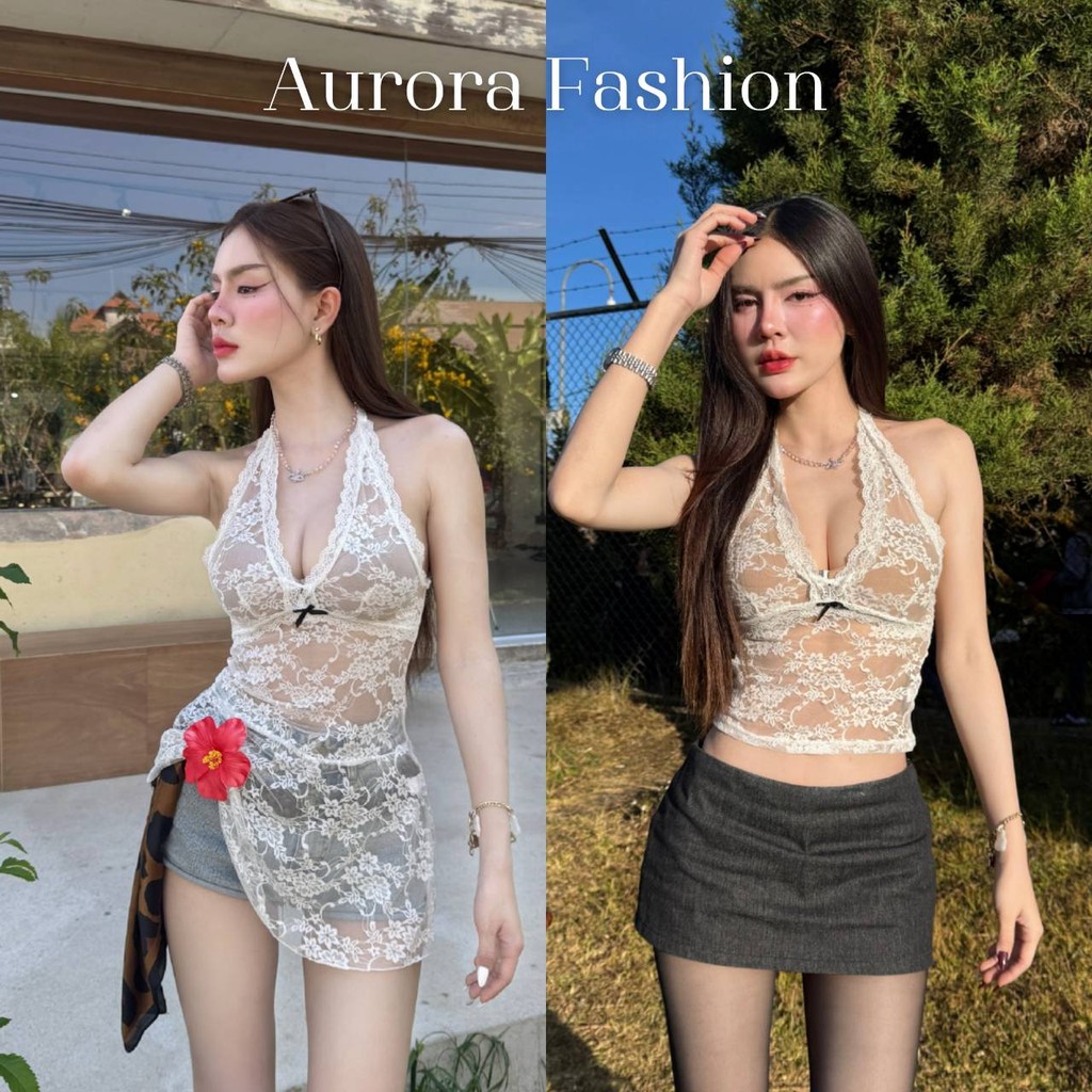 Aurora🛒พร้อมส่ง🚚 (รูปถ่ายจากงานจริง) เสื้อคล้องคอลูกไม้ ซีทรูเบาๆ ไม่มีฟองน้ำ สีขาวสั้นและยาว