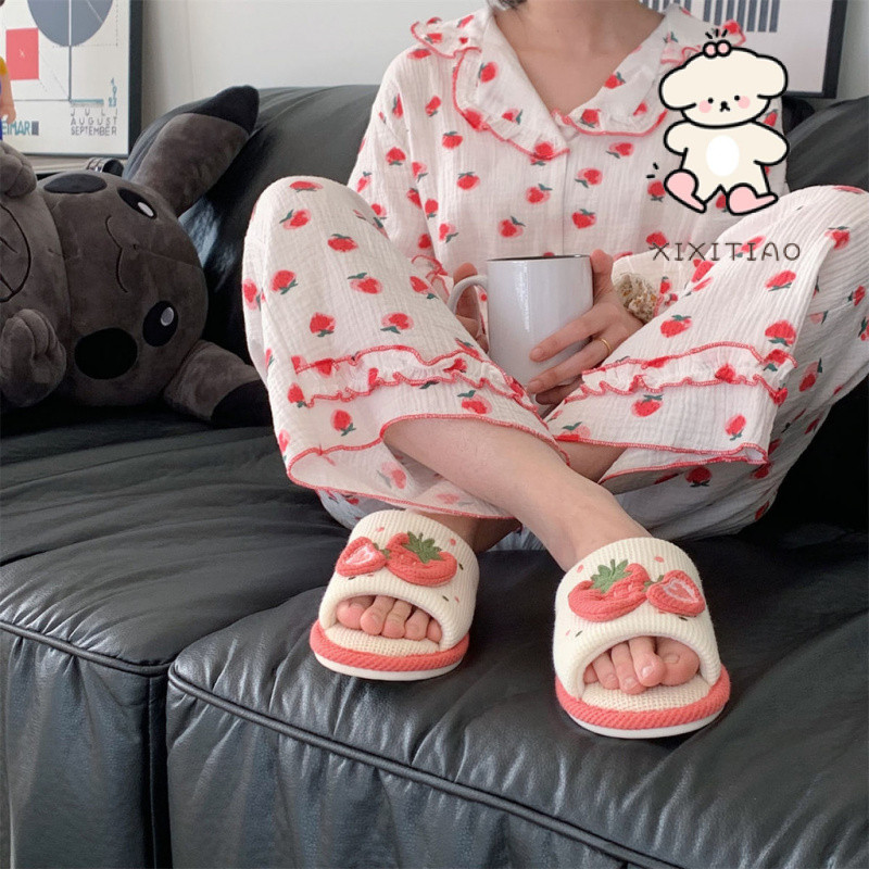 Xixitiao Hemp รองเท ้ าแตะ Four Seasons Sweet Strawberry Soft Sole Home Mute Flat Sole หญิง