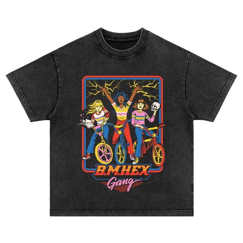 (จัดส่งตลอด 24 ชั่วโมง) เสื้อยืดฟอก เสื้อยืด Oversize ลาย BMX HEX Gang แนววินเทจ คอตตอน 100%