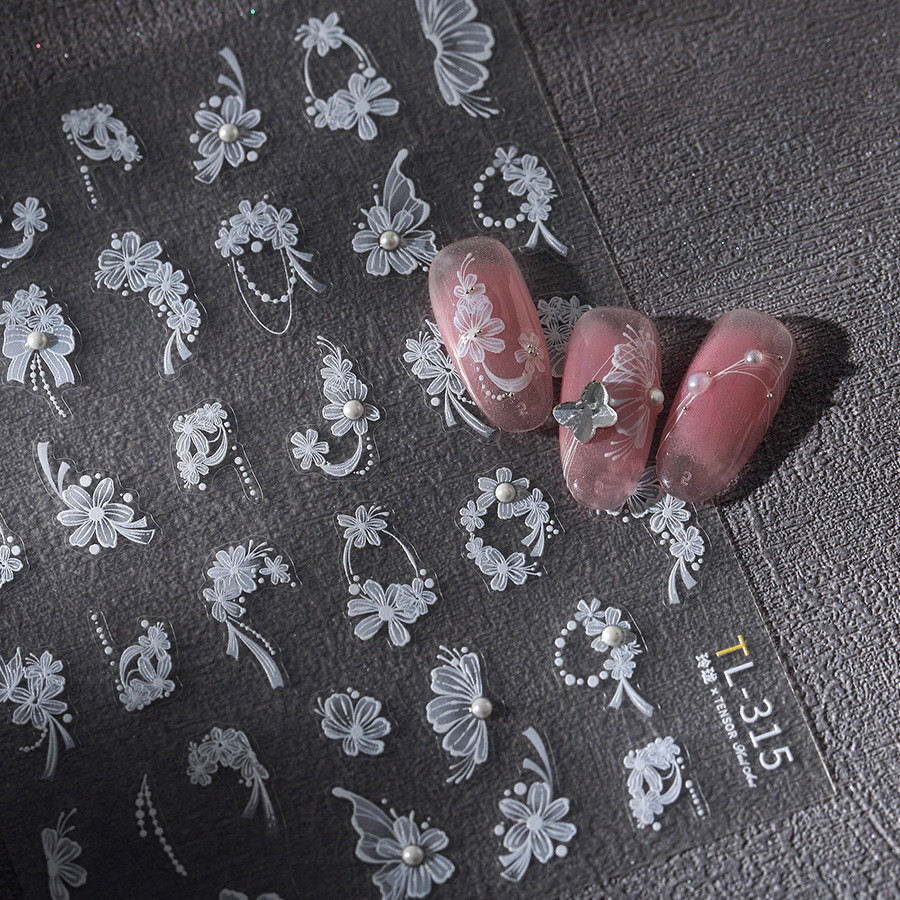 ไทซู งานฝีมือใหม่ สไตล์เกาหลี ดอกไม้สีขาวเรียบง่าย TL-315 ชุดเจาะจุดประณีต ตกแต่งเล็บแบบติด