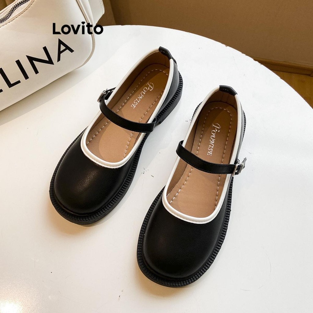Lovito รองเท้าแมรี่เจนผู้หญิง ทรงบัลเล่ต์ แต่งหัวเข็มขัด สีเรียบ สไตล์น่ารัก LFA22003
