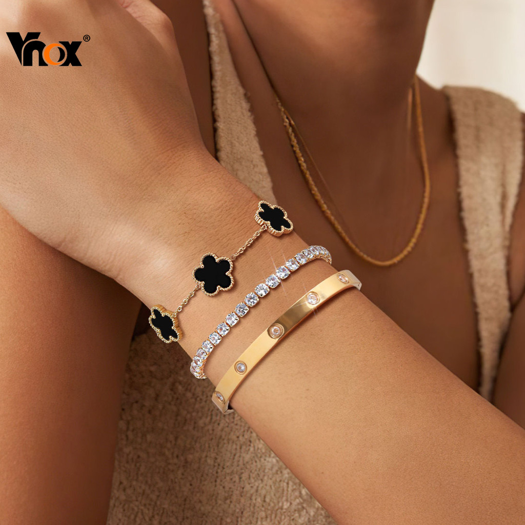 Vnox Zircon Cubic ดอกไม้ชุดสามชิ้นกําไลข้อมือสร้อยข้อมือผู้หญิง,ทองสแตนเลส Non Tarnish สร้อยข้อมือ,แฟชั่นเครื่องประดับขอ