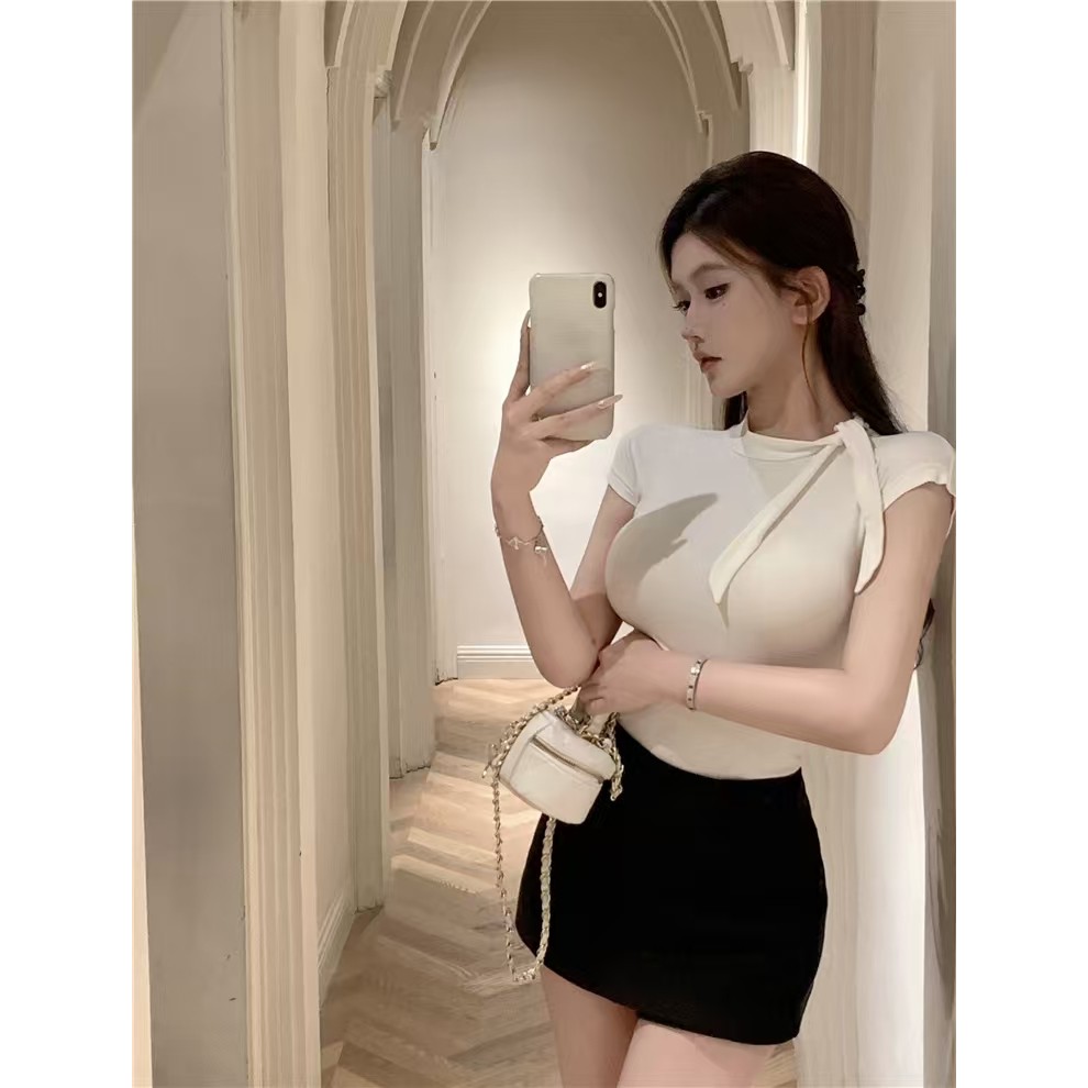 เสื้อครอป น่ารัก แฟชั่น รัดรูป ไปทะเล แซ่บๆ เสื้อสีครีม ยืด oversize สาวอวบ แฟรี่ เสื้อเกาหลี