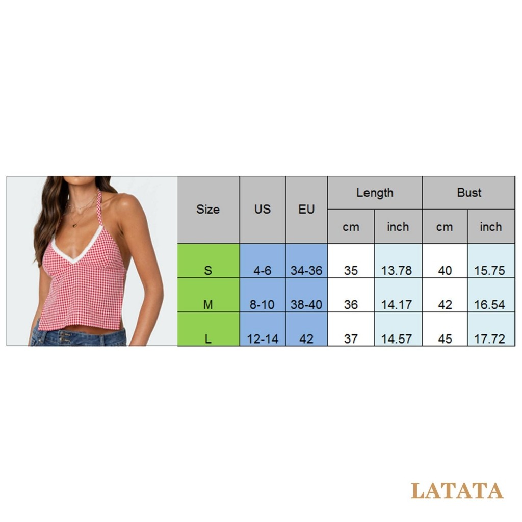 Lata-เสื้อชั้นในสตรีลายสก๊อตเปิดหลัง Lacing Terry Trim แขนกุด Sweetheart คอ Slim Fit Crop Tank Tops - รูปที่ 3