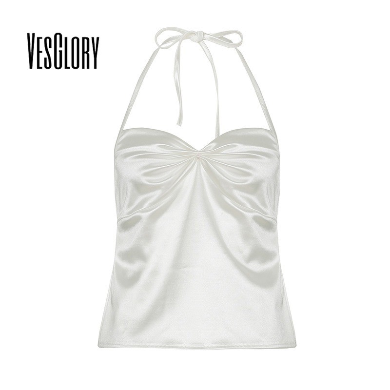 VesGlory ผู้หญิง 2025 แฟชั่น Tanks Halter Backless Bow Pleats ออกแบบสีทึบเซ็กซี่สไตล์ลําลอง