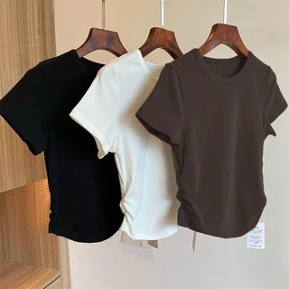 ฤดูร้อนแขนสั้นหญิงอ้วนบน ผอมเพียว เสื้อผ้าแฟชั่นเกาหลีราคาถูก จีบข้าง เสื้อยืดรัดรูปสวยๆผู้หญิง ผ้ายืดดีมากใส่สบาย
