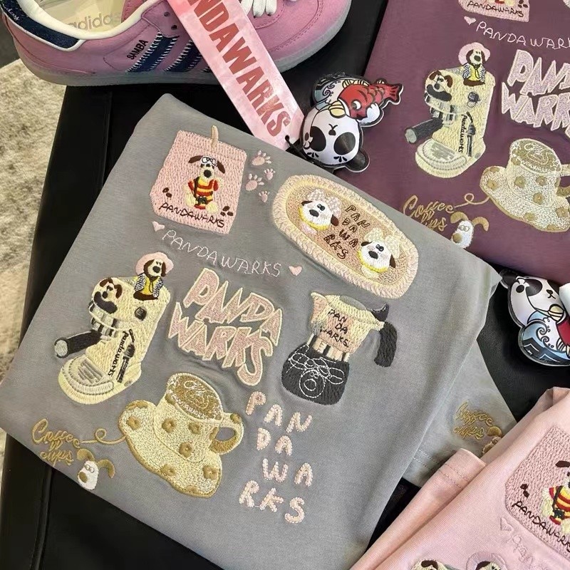 Yueyejia YY Heping ผ้าฝ้ายแท้แขนสั้นเสื้อยืดผู้หญิงฤดูร้อนการ์ตูนเย็บปักถักร้อยขนาดใหญ่หลวม Slimmer 