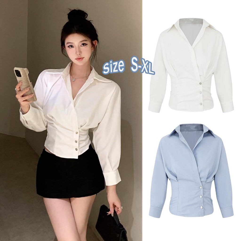 Chili Kokoเสื้อเชิ้ตคอวีแขนยาวสีขาวสไตล์ฝรั่งเศสสำหรับผู้หญิง เสื้อเชิ้ตกระดุมแถวเดียวสุดชิค#99050