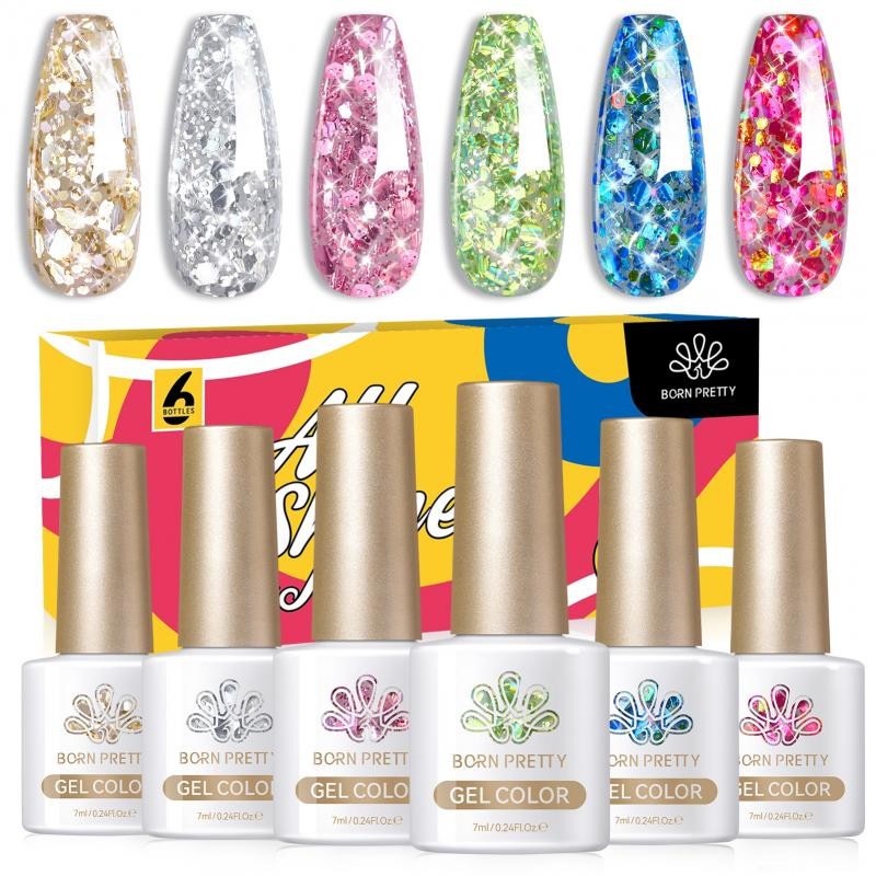 Born PRETTY 6 ชิ้น Silver Gold สีสัน Glitter เล็บเจลชุดฤดูใบไม้ผลิประกายเลื่อมกึ่งถาวรเล็บเจล