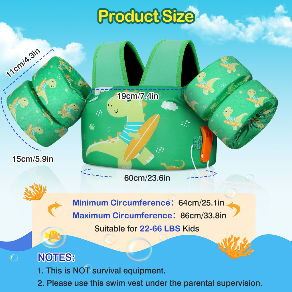 โมโค 30-60 ปอนด์เด็กวัยหัดเดิน ลอย เสื้อกั๊กว่ายน้ําพร้อมสายรัดกันลื่นหัวเข็มขัดและนกหวีดสําหรับเด็ก,ปีกน้ําว่ายน้ําการ์ตูน - รูปที่ 4