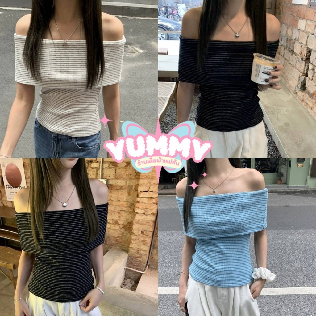 🎀Yummy Shop🎀พร้อมส่ง (18042) เสื้อเปิดไหล่ไหมพรม ลายทาง ใส่ง่ายเบาสบาย