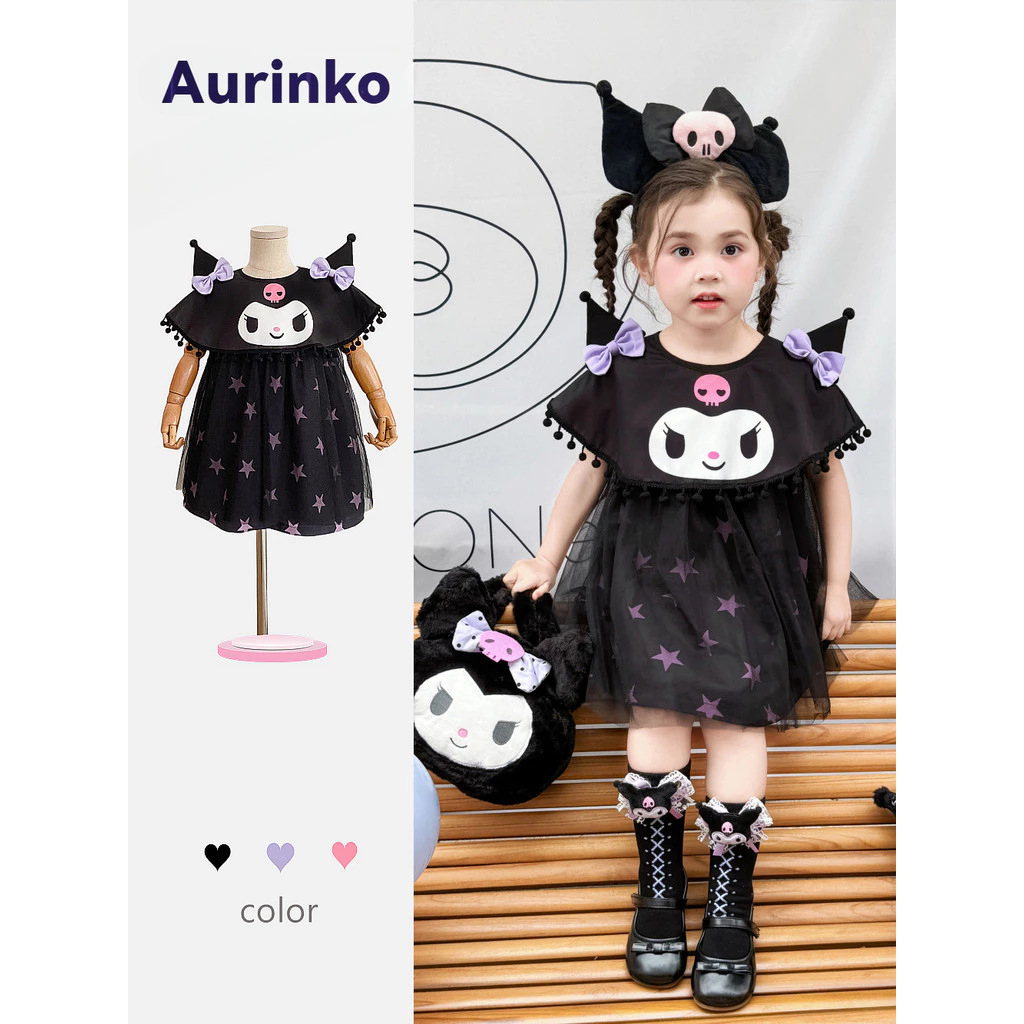🧸 ส่งจากไทย🧸ชุดเด็กผู้หญิง Kuromi เดรสเจ้าหญิง 1-8ปี ผ้าฝ้ายแขนสั้น ลายการ์ตูน สไตล์เกาหลี สําหรับไปงานปาร์ตี้ Halloween แม่มด สีดํา