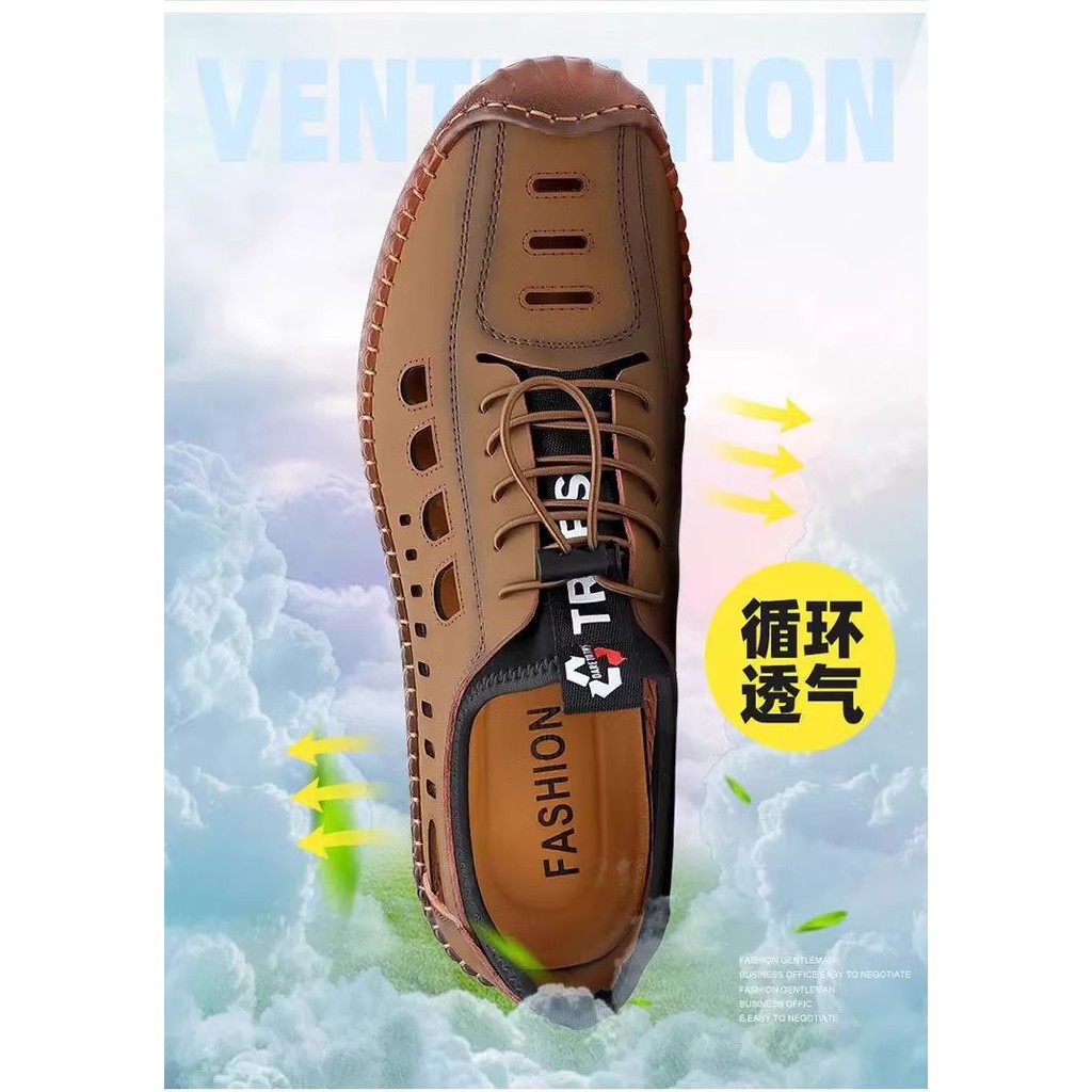ผู้ชาย Hollow รองเท้าอินเทรนด์ Anti-Slip Hole รองเท้าสไตล์ใหม่ชายหาด Casual Breathable รองเท้าผู้ชาย Soft-Soled รองเท้าแตะรองเท้าหนังแท้