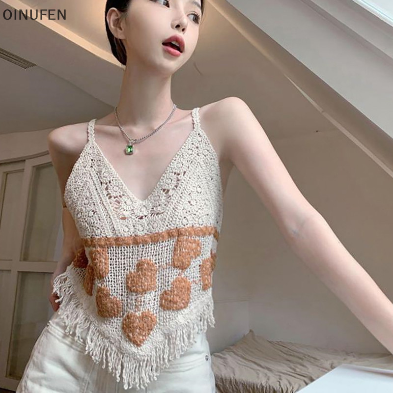 Onu เสื้อสายเดี่ยว คอวี แขนกุด ผ้าถัก ปักลายหัวใจ สไตล์โบฮีเมียน สําหรับผู้หญิง