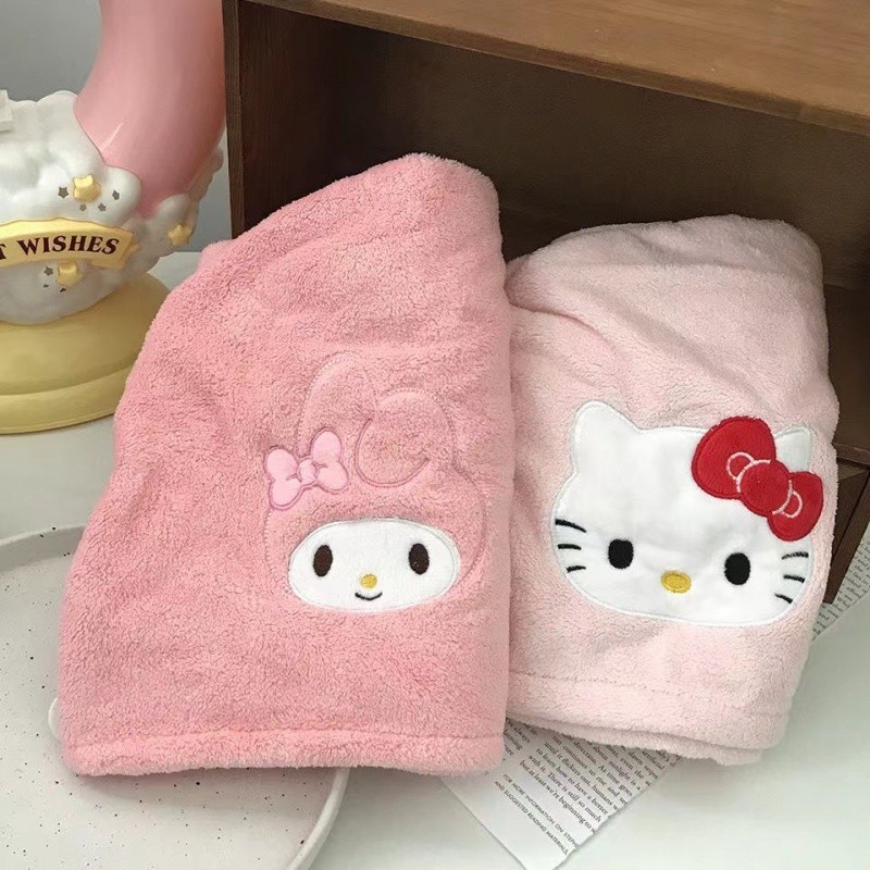 หมวกคลุมผมแห้ง Sanrio Hello Kitty My Melody Kuromi เย็บปักถักร้อย ดูดซับผมแห้ง หมวกสามเหลี่ยม สุภาพสตรี ผ้าขนหนูผมยาว หมวกอาบน้ํา