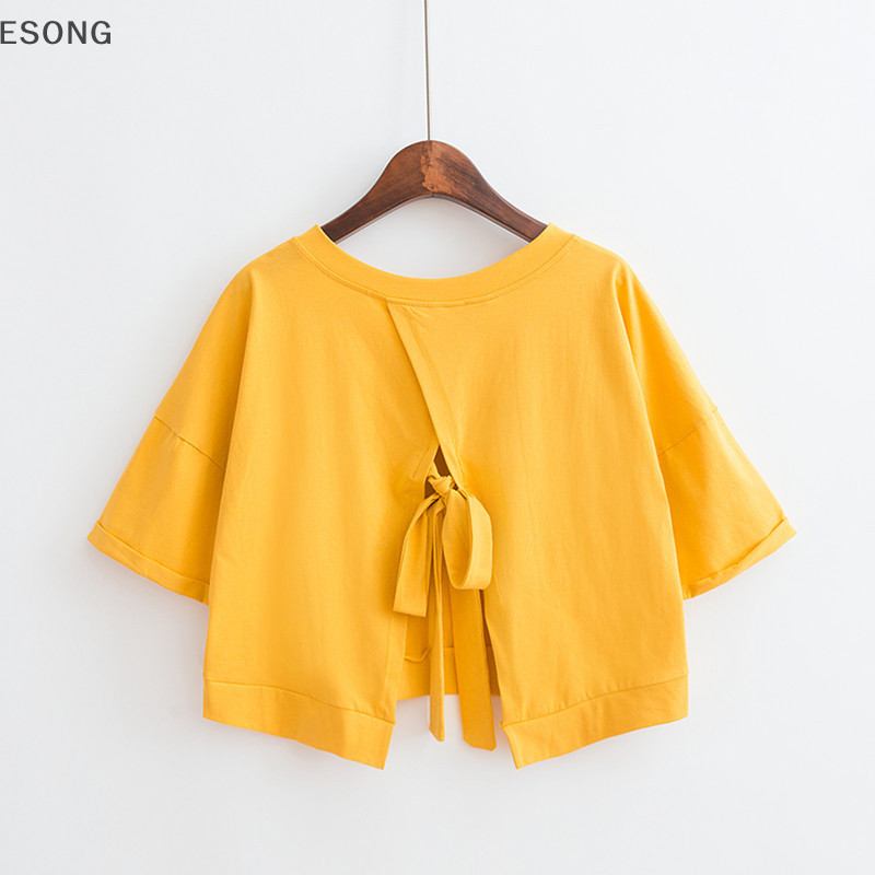 Esong เสื้อครอปท็อปแขนสั้น คอวี แบบเย็บติดกัน สีพื้น สําหรับผู้หญิง TH
