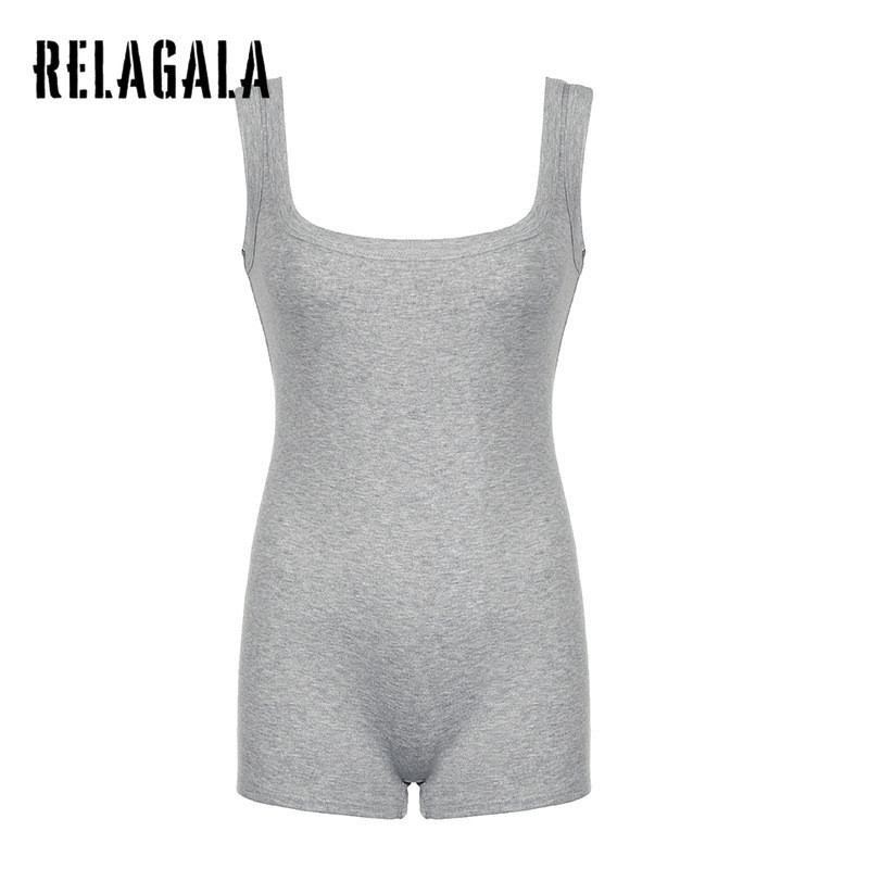 Relagala ชุดเพลย์สูท สายคล้องไหล่ คอสี่เหลี่ยม สีพื้น เรียบง่าย สไตล์สปอร์ต สําหรับผู้หญิง 2024