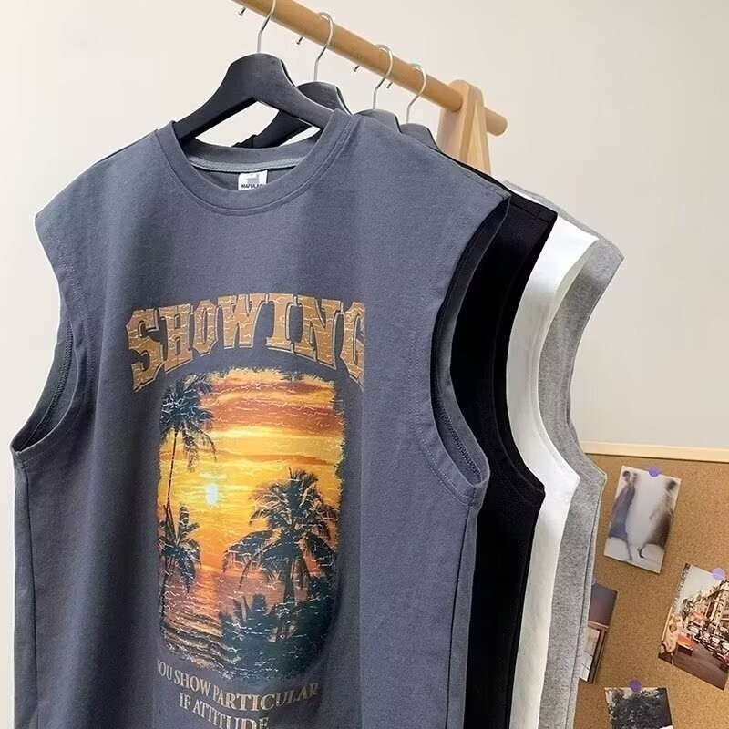 เสื้อกล้ามลําลอง แขนกุด เปิดไหล่ ผ้าฝ้าย ทรงหลวม ลาย Instagram แฟชั่นฤดูร้อน สําหรับผู้ชาย