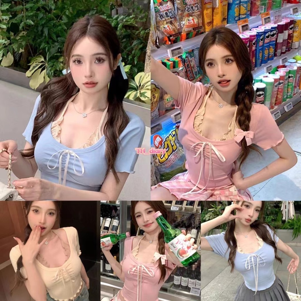(จัดส่งจากกรุงเทพ) ปลอมสองชิ้นแขนสั้นแขนสั้นสลิมฟิตปรารถนาคอเชือกแขวนคอสุดฮอตของผู้หญิงในช่วงฤดูร้อนเฉพาะเสื้อยืด